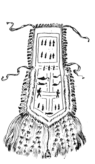 Изображение   нижнего, среднего и верхнего миров на ритуальном переднике эвенкийского шамана.