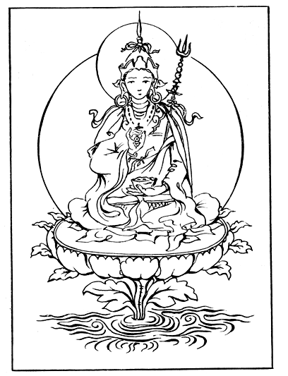 Основатель ламаизма Падмасамбхава на лотосе, представляющем собой вариант мирового дерева.