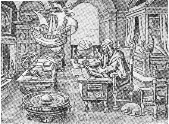 Астроном конца средневековья в своем кабинете (с гравюры Страдануса 1520 г.).